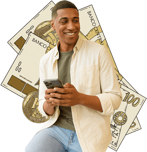 Homem com dinheiro ao fundo